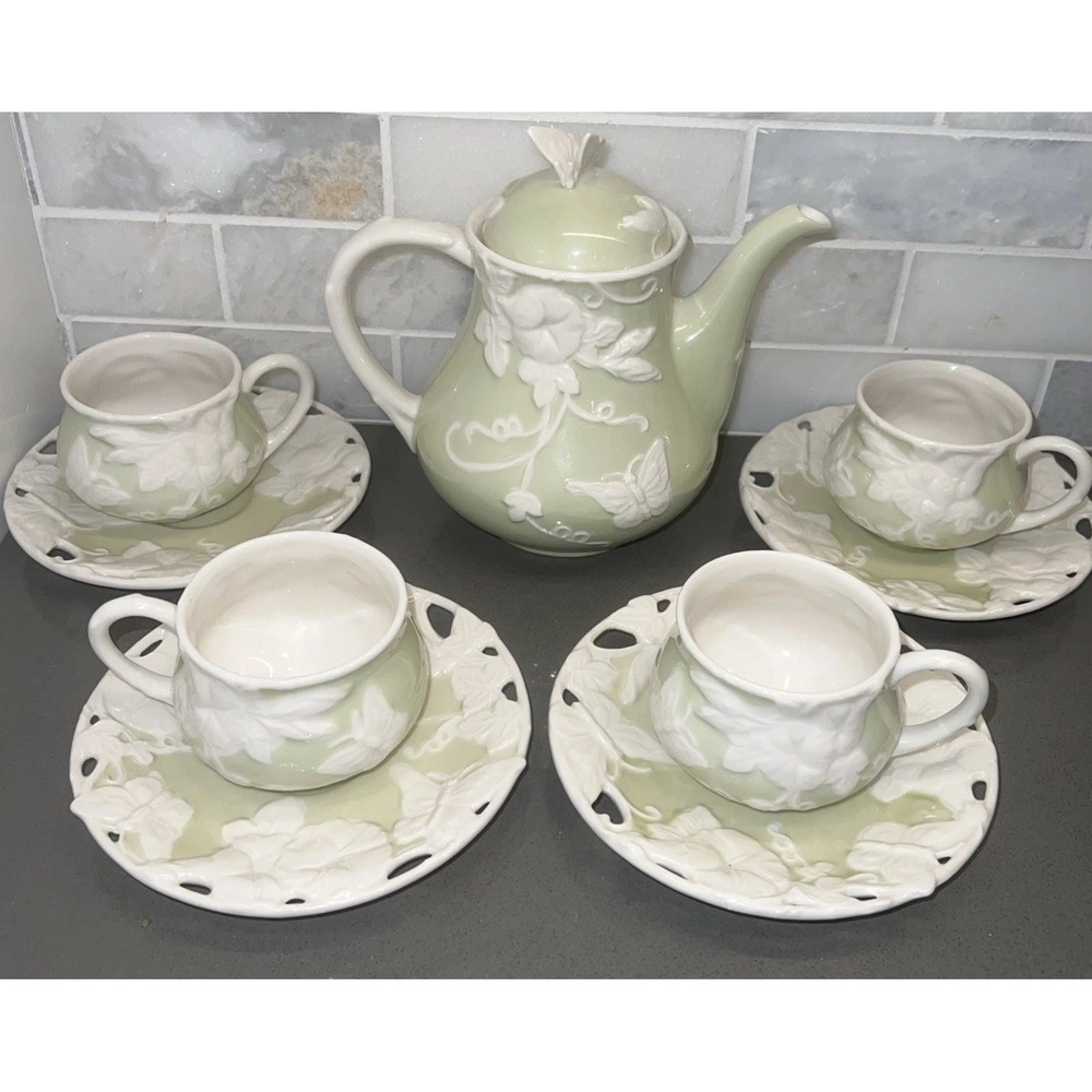 Grace Teaware "Morning Glory Butterfly" Coffee/Tea Pot 4 Cups/Saucers